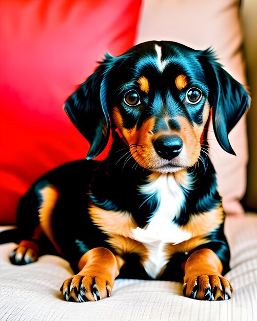 um cachorro com rosto preto e marrom sentado em um sofá