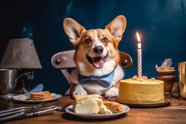 Um cachorro com um bolo de aniversário