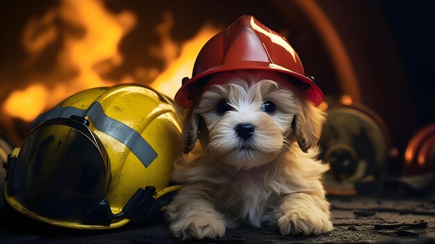 Um cachorro com um capacete de bombeiro