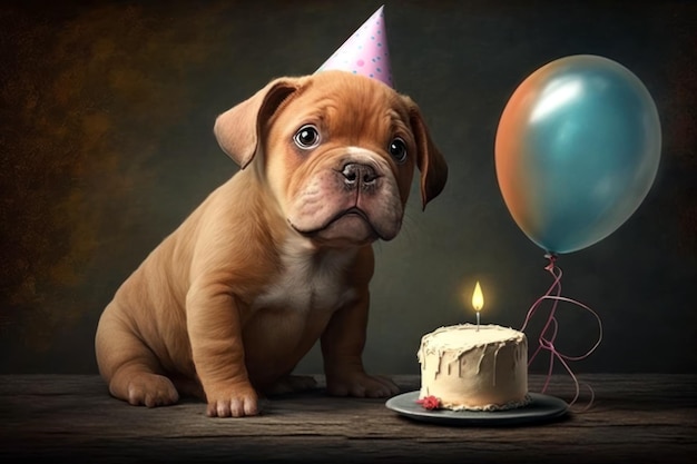Um cachorro com um chapéu de aniversário e um bolo