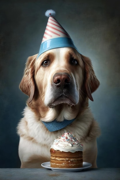 Um cachorro com um chapéu de aniversário e um cupcake