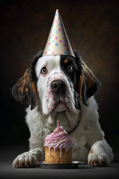 Um cachorro com um chapéu de aniversário e um cupcake