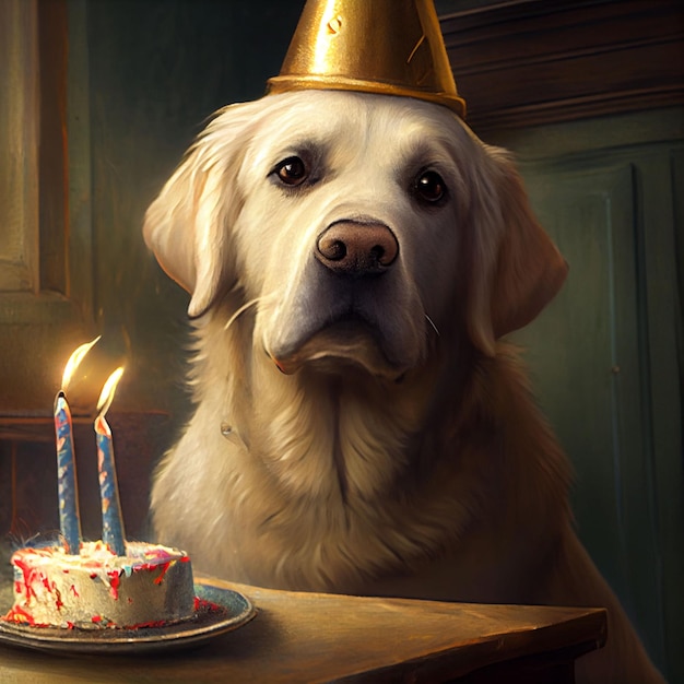 Um cachorro com um chapéu de aniversário está sentado em uma mesa com um bolo e uma vela sobre ele.