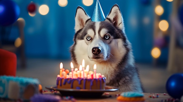 Um cachorro com um chapéu de festa com um bolo e velas