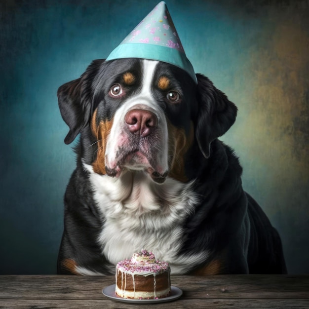 Um cachorro com um chapéu de festa está olhando para um bolo.