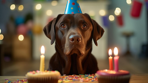 Um cachorro com um chapéu de festa olha para um bolo com velas.