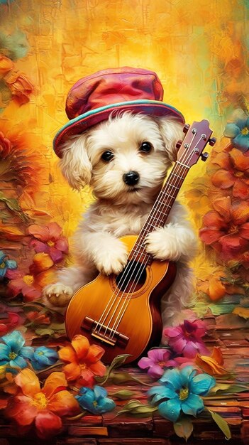 Foto um cachorro com um chapéu e uma guitarra na frente de um fundo de flores