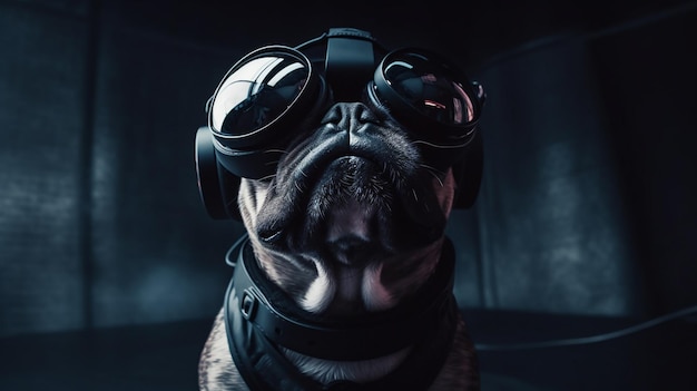 Um cachorro com um fone de ouvido de realidade virtual