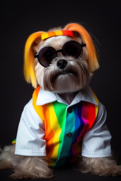 Um cachorro com um olho de arco-íris e óculos lgbtq