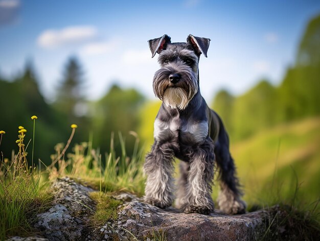 um cachorro com um par de óculos na cabeça está em uma pedra.