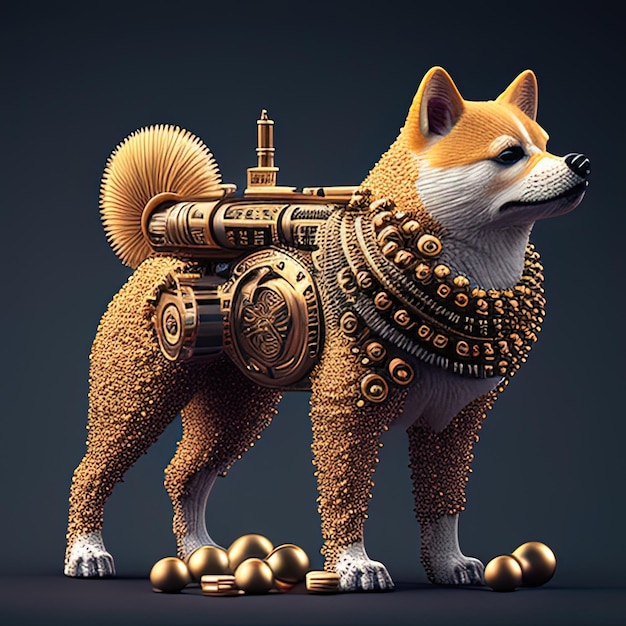 Um cachorro com um tanque steampunk e um tanque que diz shiba nele.