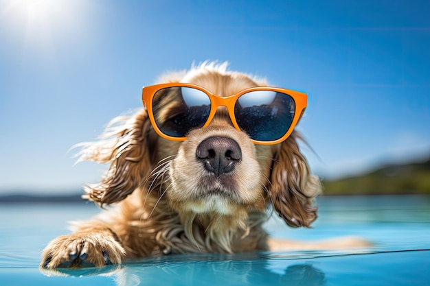 Um cachorro com uma aparência encantadora e adorável está usando óculos escuros durante uma escapadela de verão aproveitando o tempo na piscina