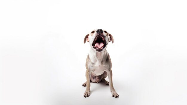 Um cachorro com uma boca grande e um nariz grande está sentado em frente a um fundo branco.