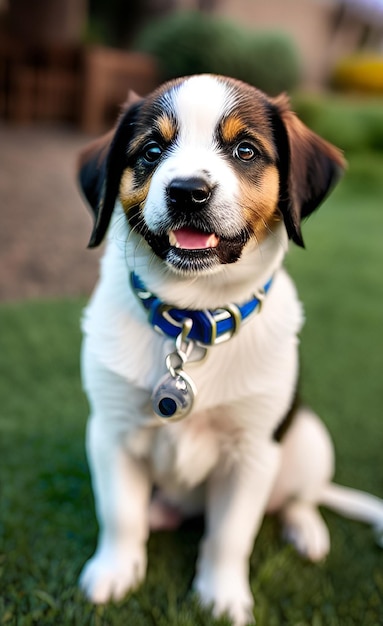 Um cachorro com uma coleira azul que diz 'dog tag' nela