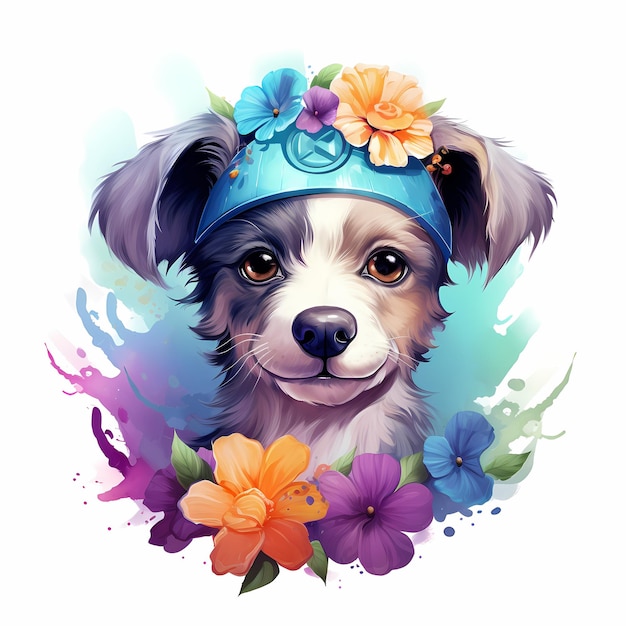 um cachorro com uma faixa azul e flores