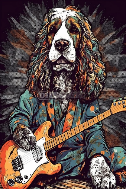 Um cachorro com uma guitarra está tocando uma guitarra.