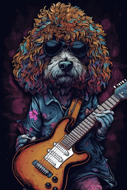 Um cachorro com uma guitarra no rosto
