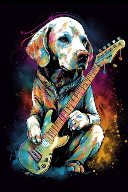 Um cachorro com uma guitarra que diz 'jazz' nela
