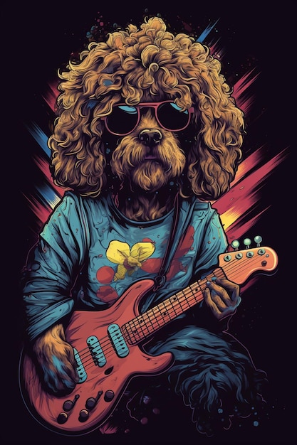 Um cachorro com uma guitarra vestindo uma camisa que diz 'o cachorro está vestindo uma camisa que diz' eu te amo '