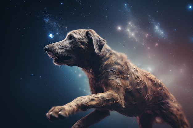 Um cachorro com uma nebulosa ao fundo