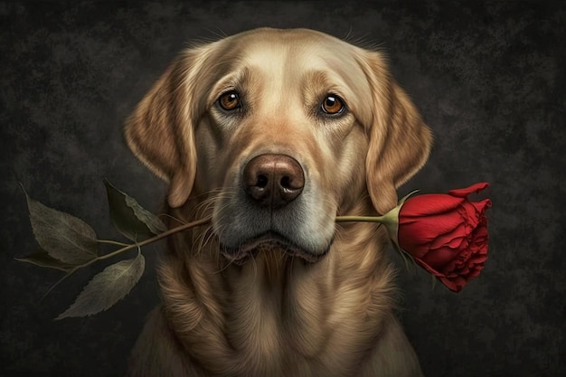 Um cachorro com uma rosa na boca