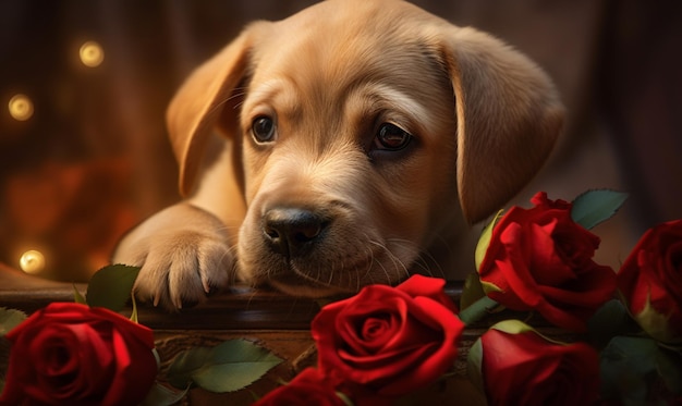 Um cachorro com uma rosa vermelha na cabeça