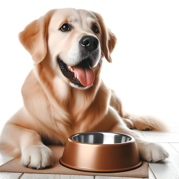 um cachorro com uma tigela de comida e uma tigella de comida para cachorros