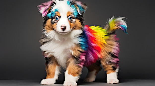 um cachorro com uma tintura de cabelo arco-íris na cabeça
