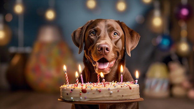 Um cachorro comemorando um aniversário com um bolo e velas