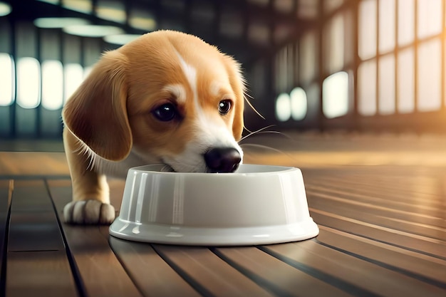 Um cachorro comendo de uma tigela em um piso de madeira.