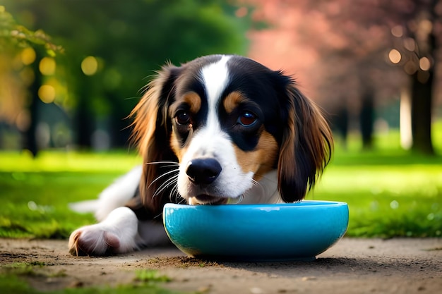 Um cachorro comendo em uma tigela em um parque.