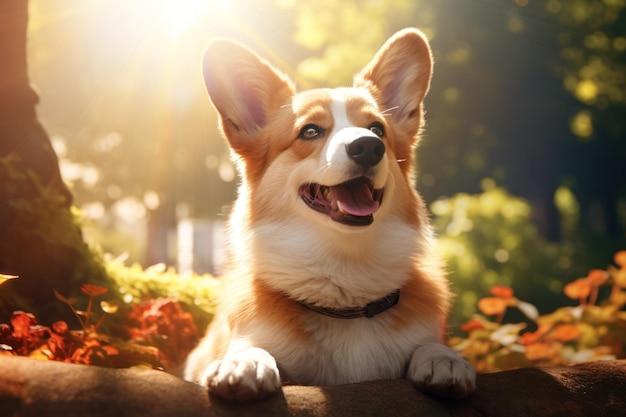 um cachorro corgi sorridente em uma caminhada na natureza no parque