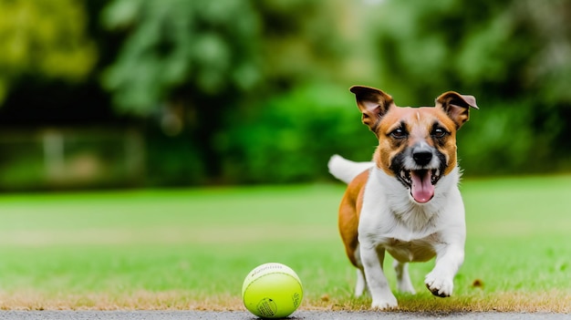 Um cachorro corre com uma bola de tênis na boca.