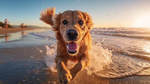 Um cachorro corre na praia com o sol se pondo atrás dele