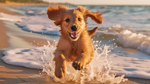 Um cachorro corre pela água em uma praia