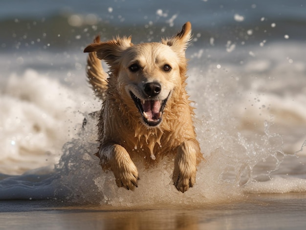 Um cachorro corre pela água em uma praia