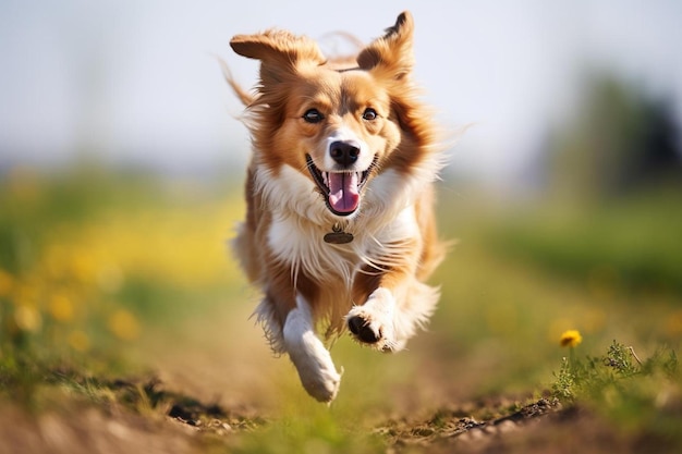 Um cachorro corre por um campo de flores.