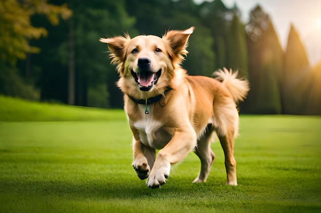 Um cachorro corre por um campo de grama.