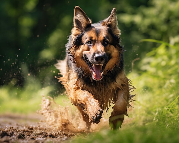 um cachorro corre por uma floresta com fundo verde