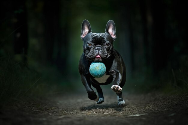 Um cachorro correndo com um globo azul na boca.