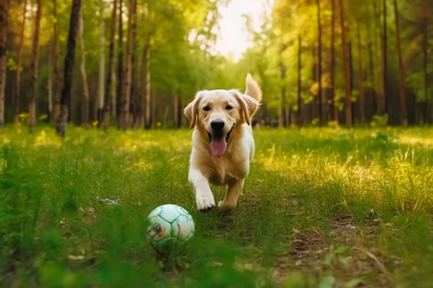 Um cachorro correndo com uma bola na grama