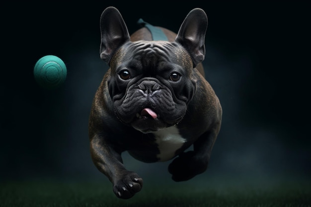 Um cachorro correndo com uma bola verde ao fundo