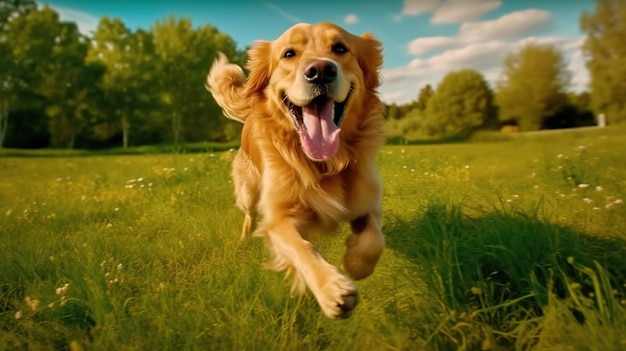 Um cachorro correndo em um campo com um céu azul ao fundo