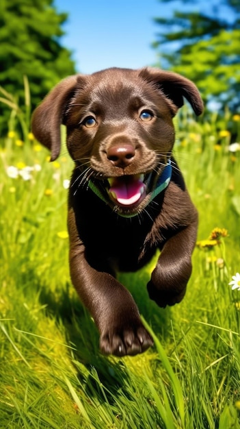 Foto um cachorro correndo em um campo de flores