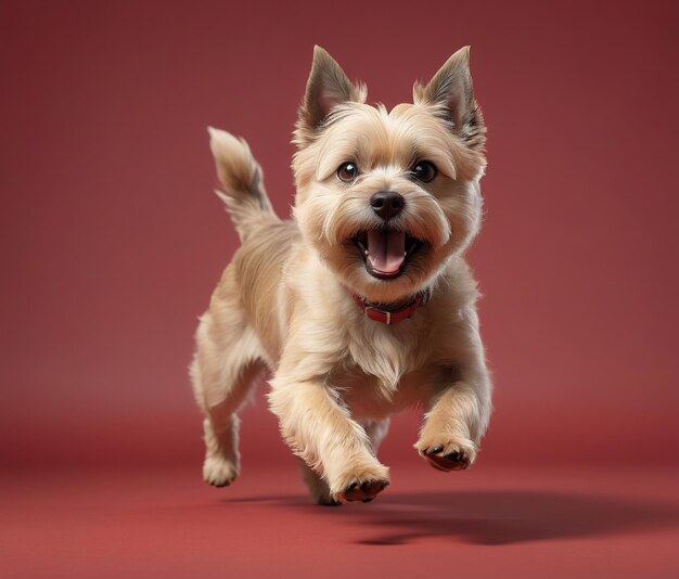 Foto um cachorro correndo em um fundo vermelho com um fundo vermello