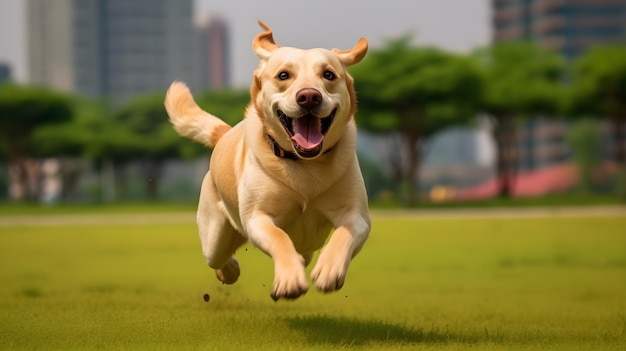 um cachorro correndo em um parque com um grande sorriso no rosto