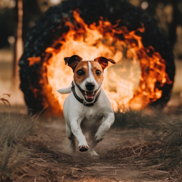 Um cachorro correndo na frente de uma imagem ai generativa de fogo