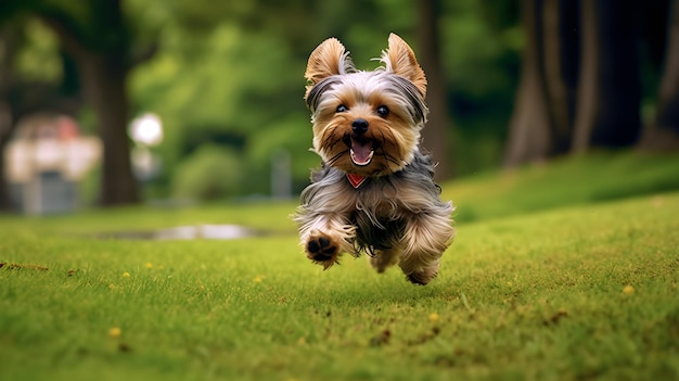 Um cachorro correndo na grama com um fundo desfocado.