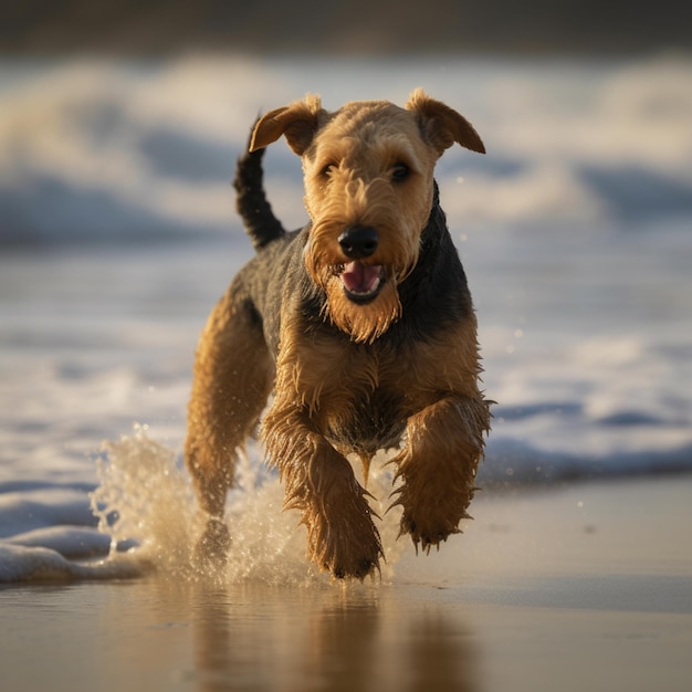 Um cachorro correndo na praia com a água atrás dele.