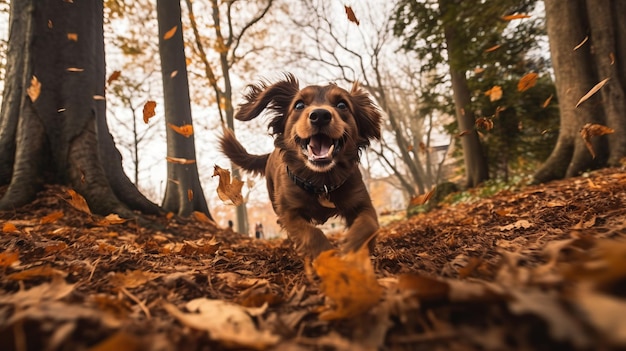 um cachorro correndo pela floresta no outono